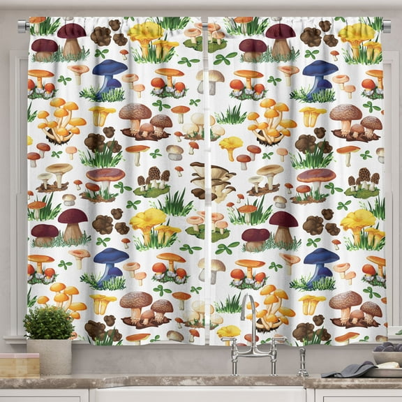 Ambesonne Nature Kitchen Curtains, Mushrooms Wild Nature Print, 55"x36", Multicolor