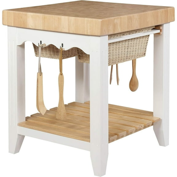 HomeStock Farmhouse Fresh Square Kitchen Island with Butcher Block Top, 30" W x 30" D x 36.38" H, White and Natural