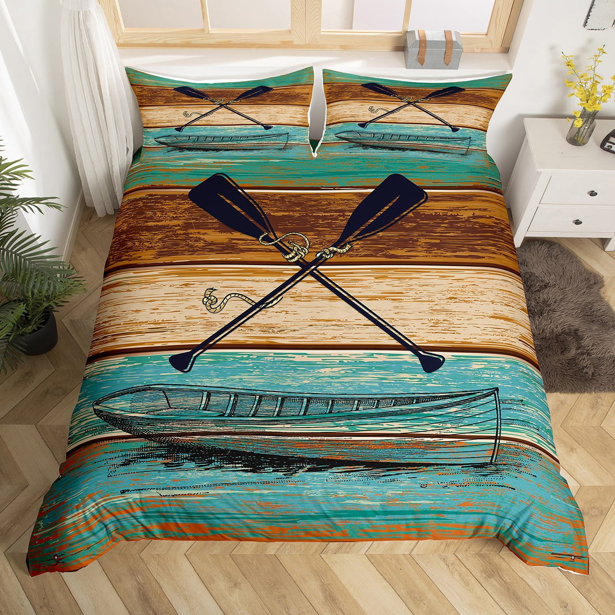 YST Rustic Lake House Comforter Cover Retro Farmhouse Bed Set, Boat