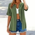 thumbnail image 2 of Yubnlvae Short Sleeve Linen Shirt - Women's Collarless Button-Down Top, Breathable Casual Oversized T-Shirt Style Blouse (Green | XL), 2 of 3