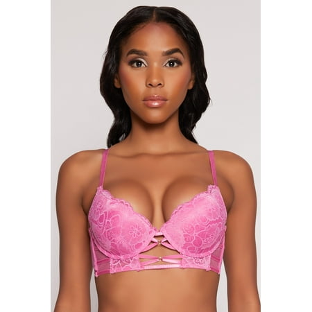 Womens Floral Lace Caged Front Plunge Bra