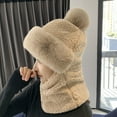 thumbnail image 3 of dianhelloya Warm hat Plush Hat Fuzzy Pompom Decor 2 in 1 Multipurpose Thickened Head Face Neck Protection Solid Color Windproof Winter Women Neck Gaiter Warmer Cap for Vacation Light Khaki, 3 of 8