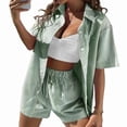 thumbnail image 3 of Womens Collar Casual Striped Short Sleeve Pants Set Two Piece Lounge Wear Summer Outfit Green Suit S, 3 of 6