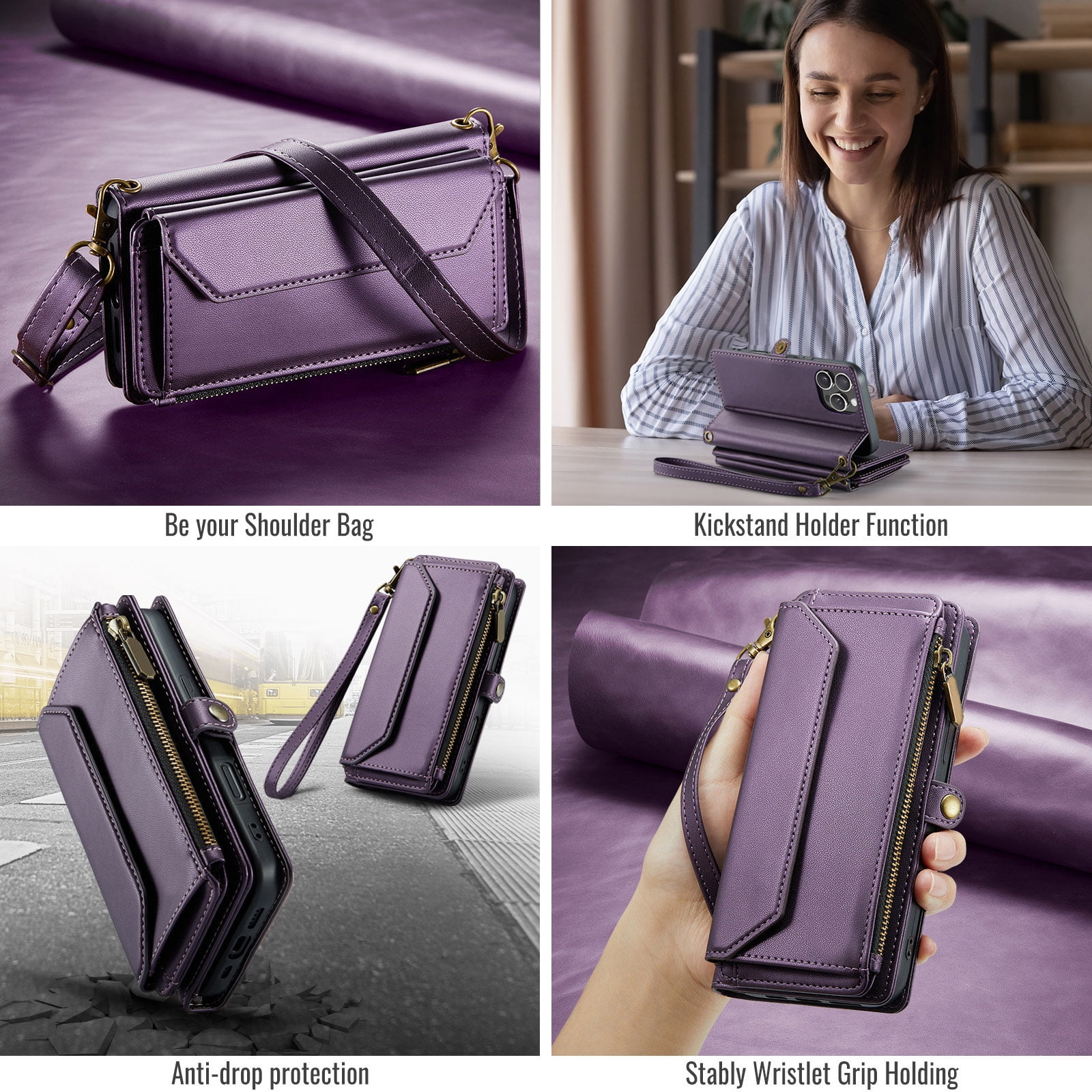 Asuwish Compatible with iPhone 16 Pro 6.3 inch Zipper Wallet Phone Case Tempered Glass Screen Protector Crossbody Lanyard Strap Flip Card Holder Slot Cell Cover for i Phone16 i16 16Pro Women Purple
