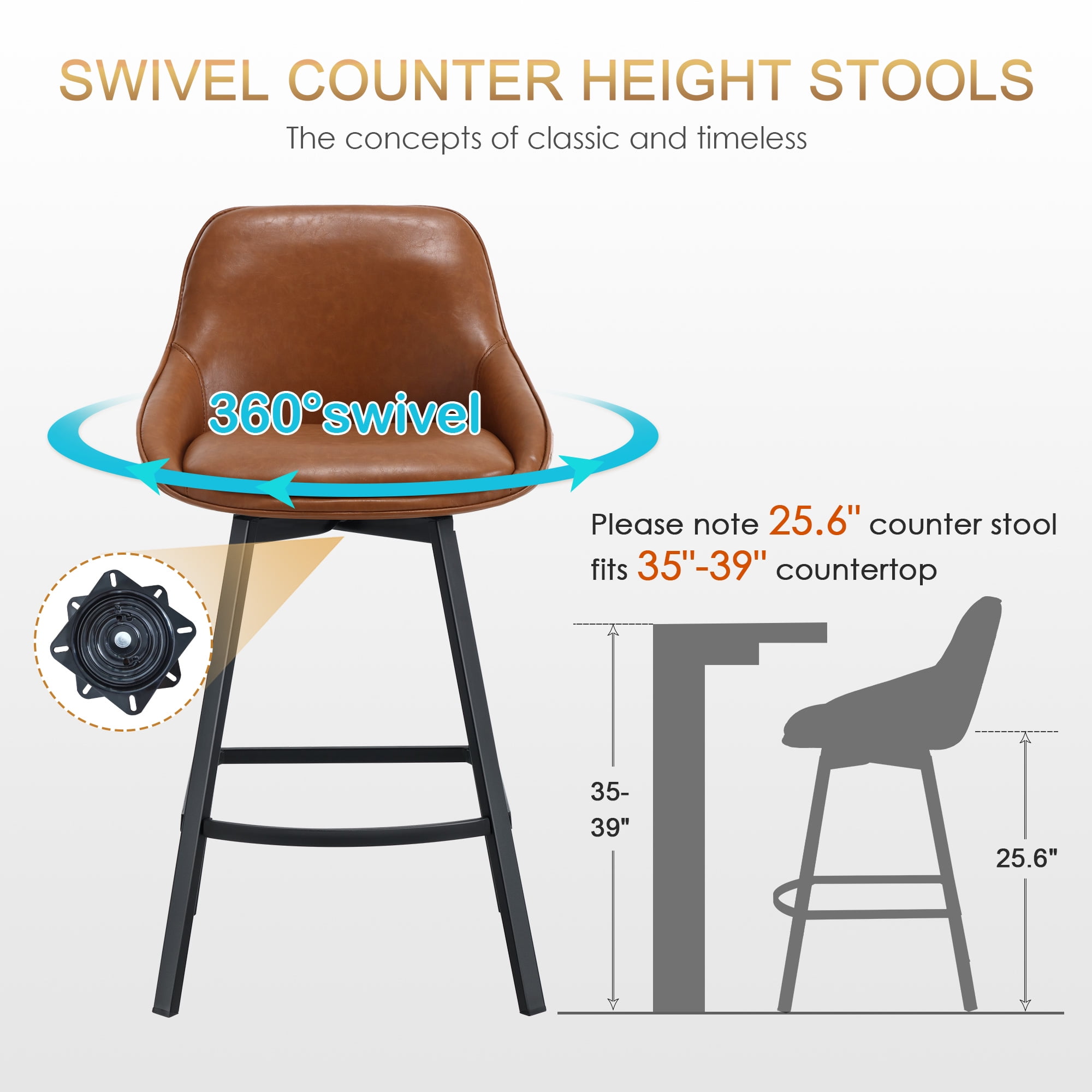 Zesthouse 25.6" Swivel Counter Height Bar Stools Set of 2, Modern Counter Height Chairs with Backs and Metal Legs, Upholstered Faux Leather Barstools for Kitchen Island, Brown