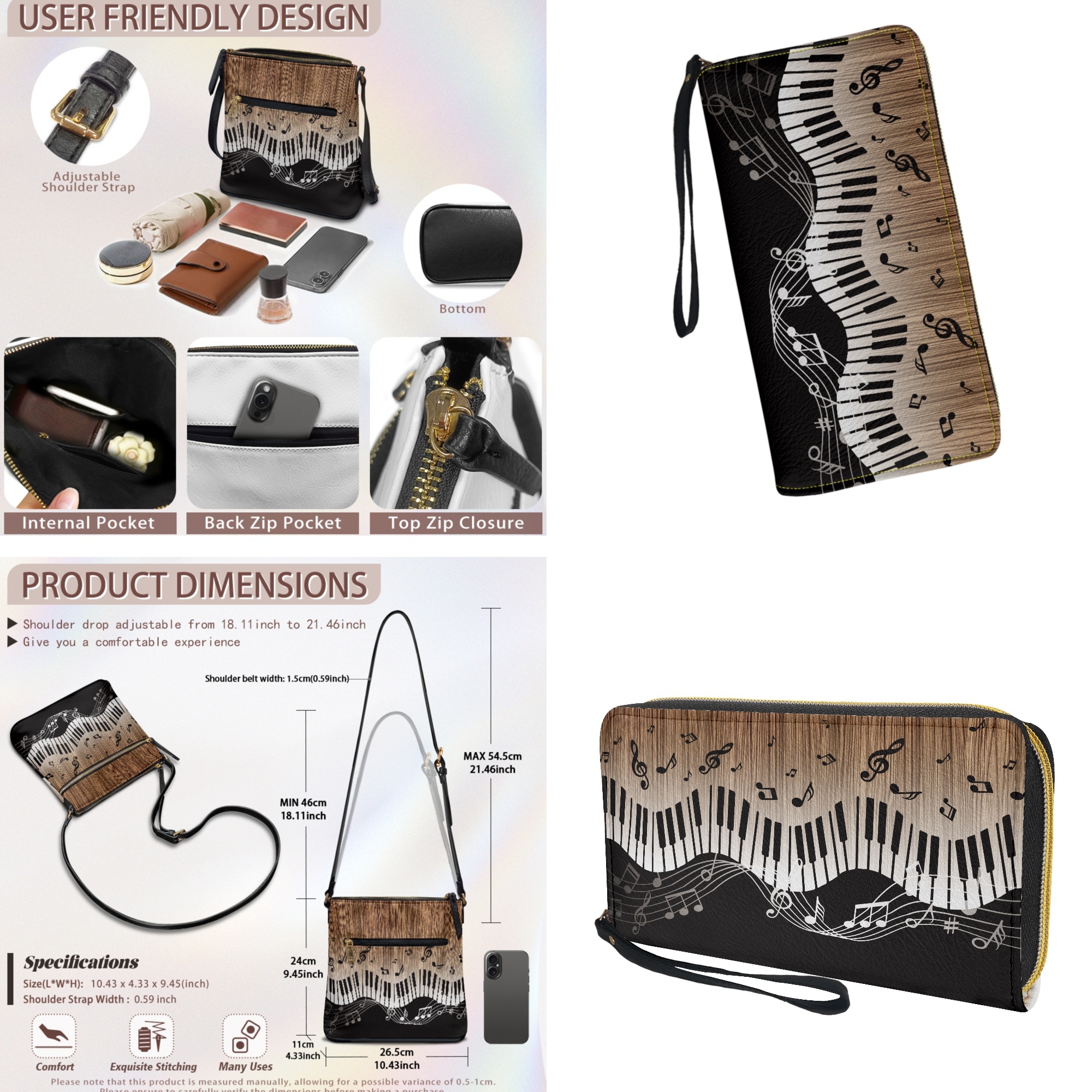 ZUXONGSY Woodgrain Piano Note Print PU Leather Crossbody Bag Purse
