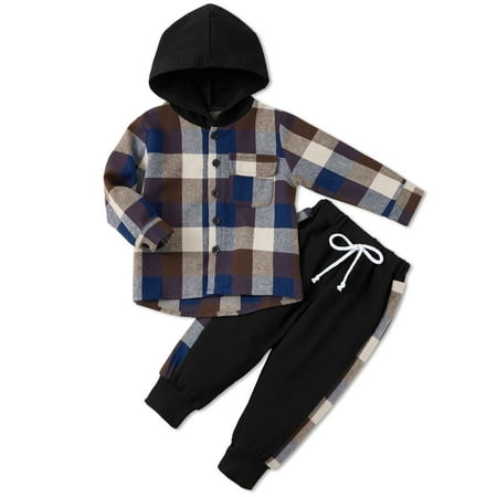 

URMAGIC 1-5T Toddler Boys Christmas Pliad Hooded Sweatshirt Tops + Pants 2PCS Outfits Set