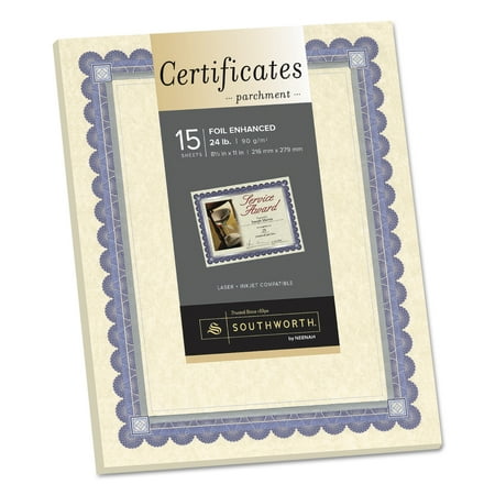 Southworth Foil-Enhanced Parchment Certificate, Ivory w/Blue/Silver Foil, 8 1/2 x 11, 15/PK