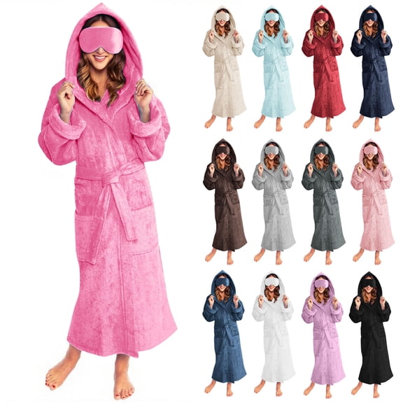 larppty Women's Long Hooded Fleece Bathrobe - Winter Warm with Eye Mask & Belt Full Length Sleepwear Robe(Blue,S)