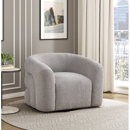Gray Swivel Accent Chair with Boucle Upholstery and Solid Wood Frame