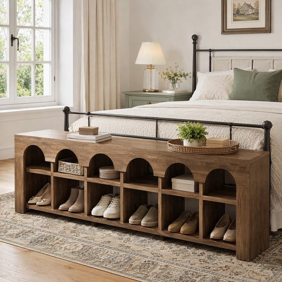 Fnova 63" Arched Cubby End of Bed Bench, Farmhouse Entryway Bench with Shoe Storage, Brown