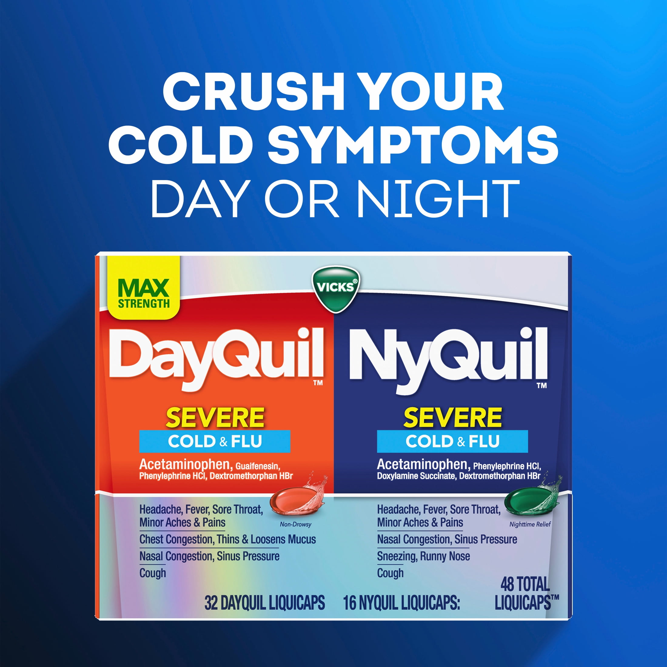 Vicks NyQuil Severe Cold & Flu Liquicaps, Nighttime Cold & Flu Medicine for Adults, 24 Count