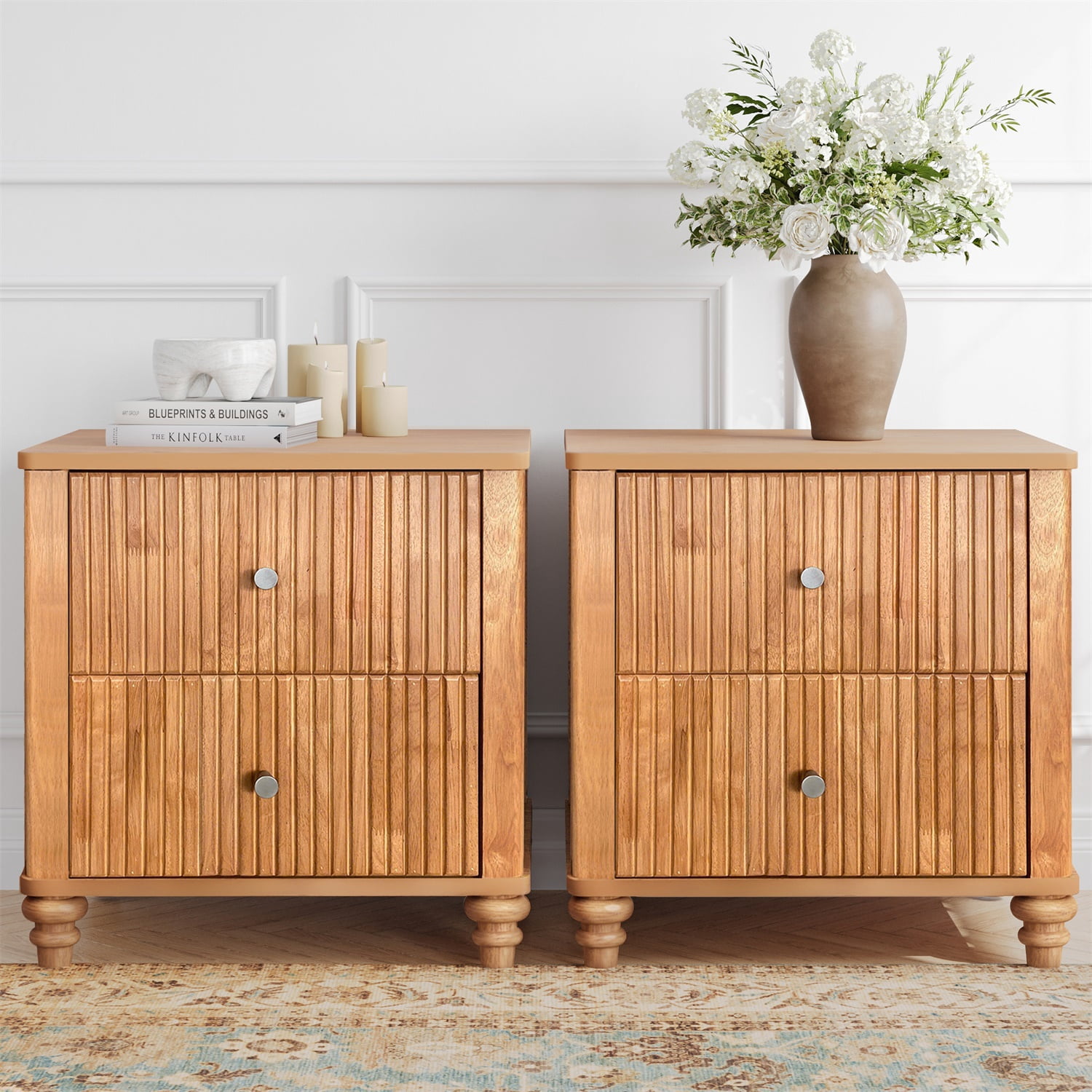 Hommoo Mid Century Modern Wooden Fluted Nightstand Set of 2, 21.65" Wide Bedside End Table Side Table with 3 Drawers and Metal Handle, for Bedroom, Living Room, Closet, Natural