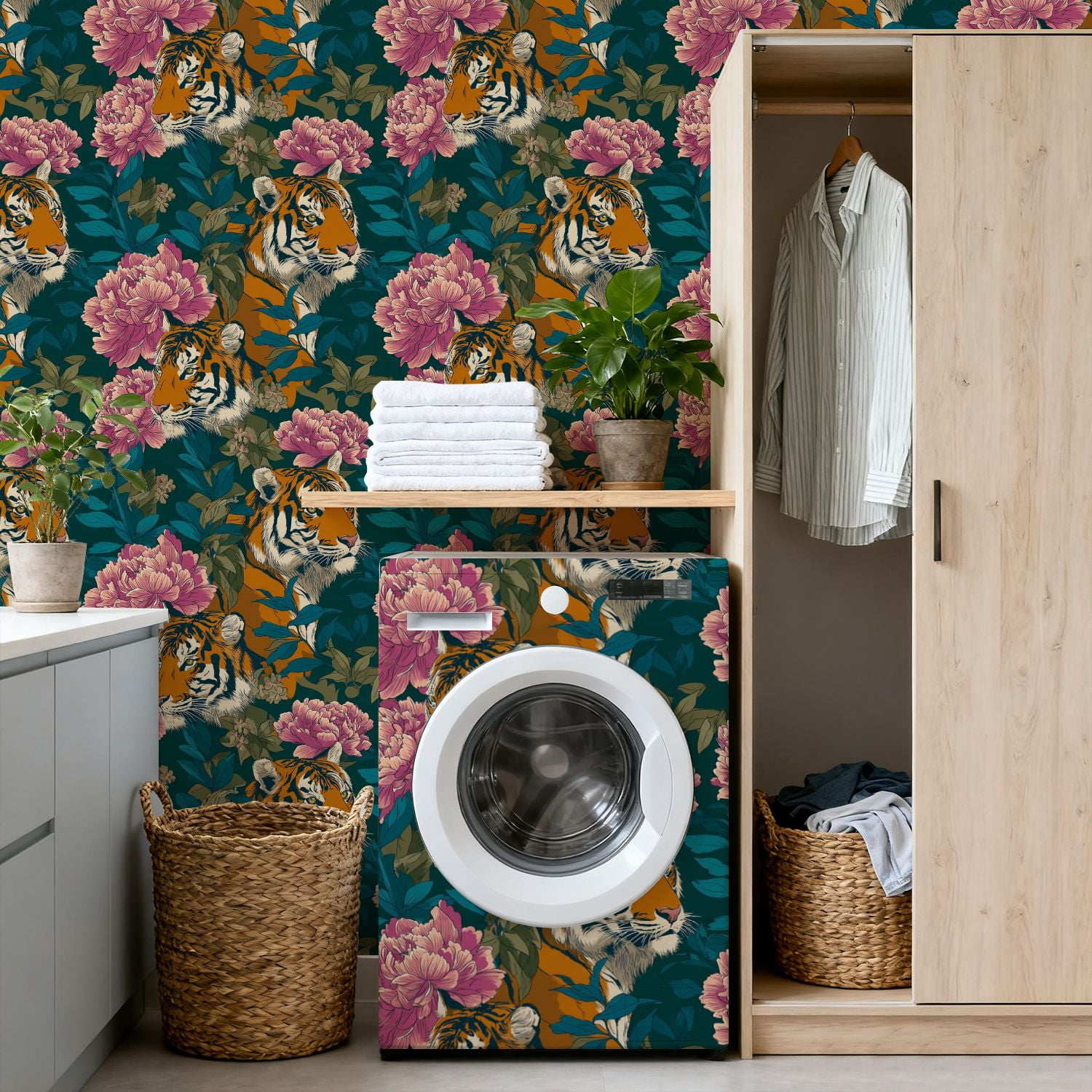 Peel and Stick Wallpaper 17.7in x 9.8ft Tiger Peony Floral Jungle Dark Teal Contact Paper Vinyl Self-Adhesive Removable Wall Paper for Bedroom DIY Home Decor Renter Friendly