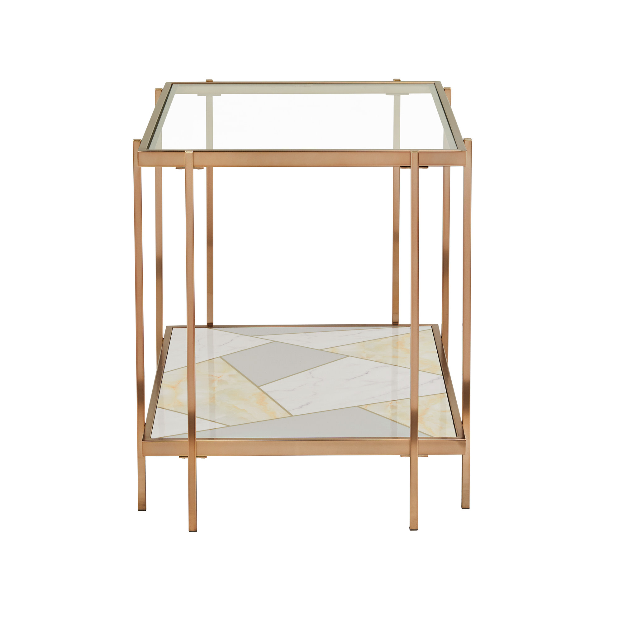 Weston Home Neponsit Metal and Glass End Table with Geometric Marble Pattern Bottom, Champagne Gold