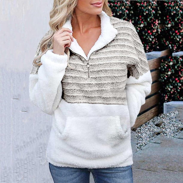 Pntutb señoras moda felpa cuello en V cremallera manga larga colorblock suéter térmico chaqueta liquidación Pntutb Pntutb-4897