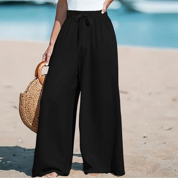 Linen Pants Women Summer Bow Tie Knot High Waisted Palazzo Pants Casual Flowy Beach Wide Leg Pant Black S