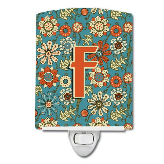 Carolines Treasures CJ2012-FCNL Letter F Flowers Retro Blue Ceramic Night Light, 6x4x3", multicolor