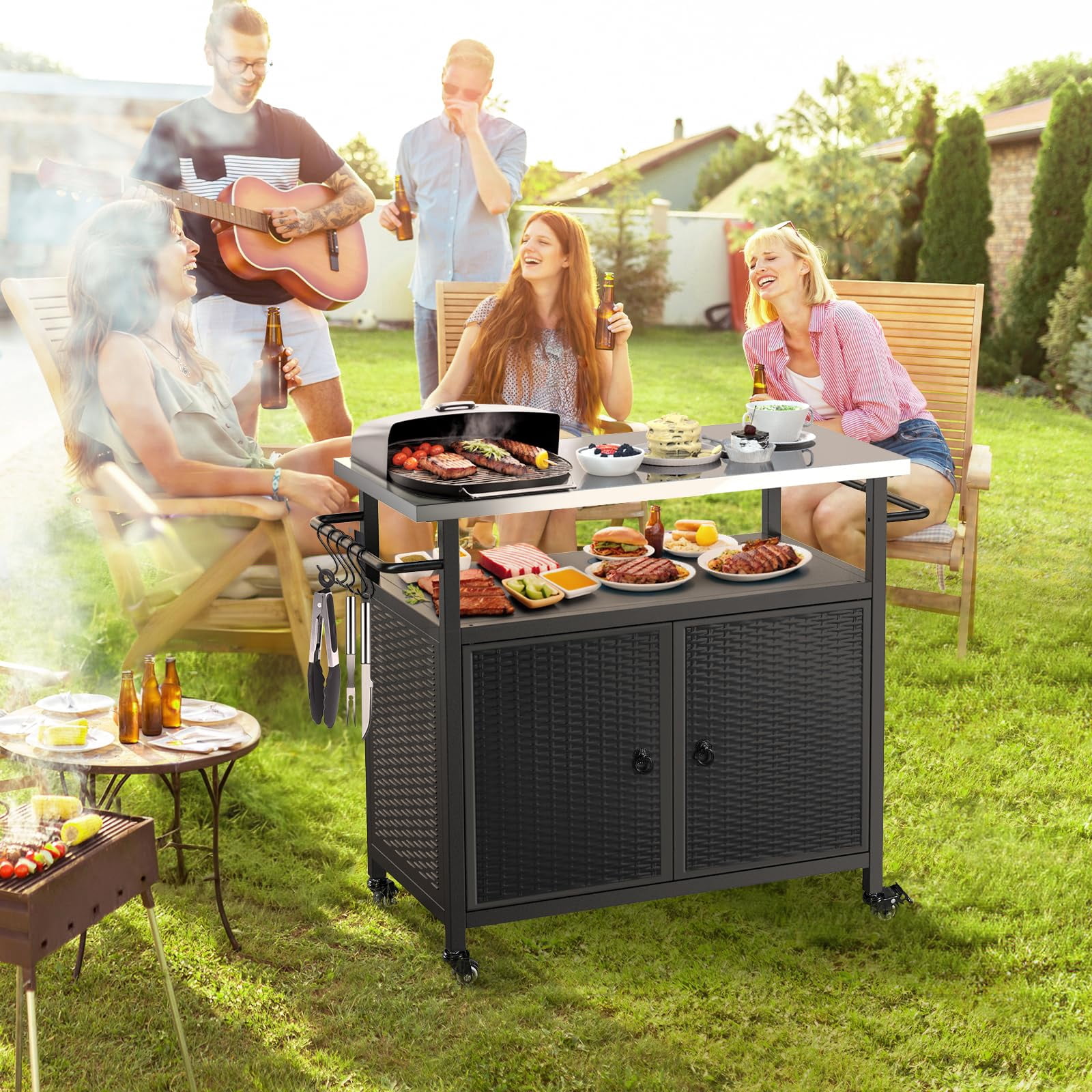3-Tier Mobile Kitchen Island Cart | Stainless Steel BBQ Prep Table with Wheels, 71 Gal Storage for Outdoor Cooking, Parties & Backyard Fun - Black