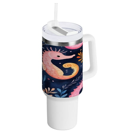 

40 Oz Car Handle Water Bottle 10.8x3.85 Inch Handle And Straw Travel Water Bottle Reusable Stainless Steel Water Bottle Cartoon Color Seahorse