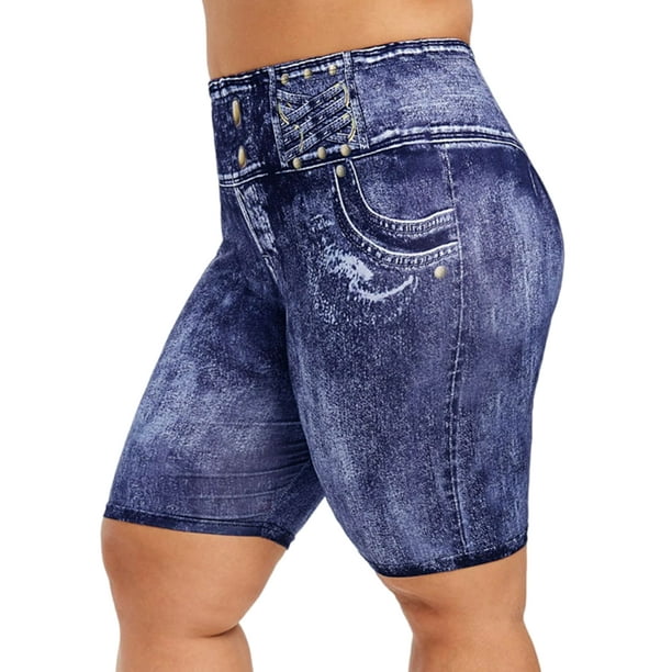 Innerwin Bermuda Short Leggings High Waist Women Look Print Jeggings  Running Seamless Skinny Printed Denim Shorts Blue L