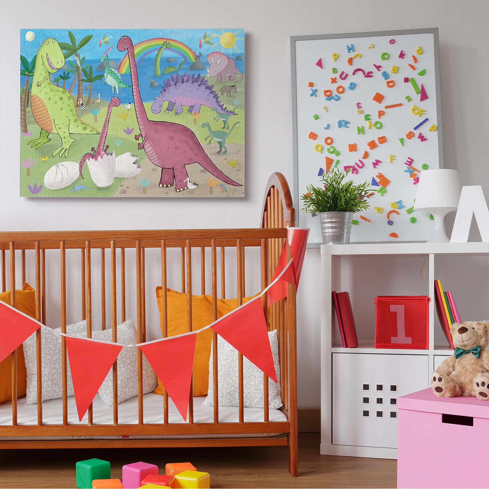 Stupell Industries Happy Dinosaurs Playing by Rainbow Illustration,36 x 48,Designed by Carla Daly