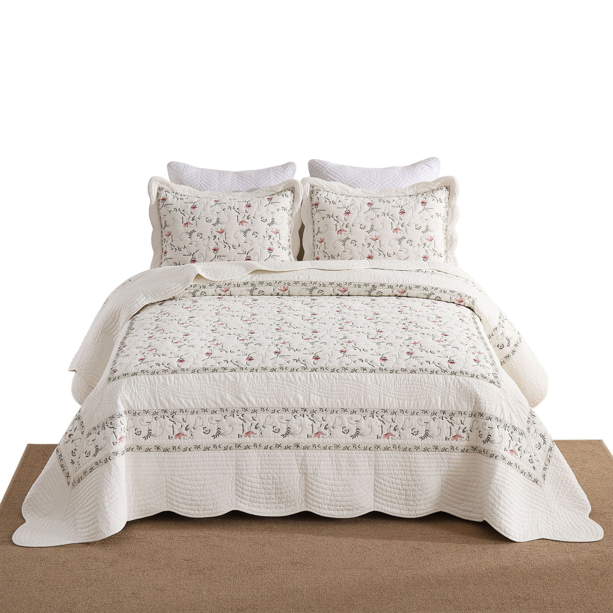 3Pcs 100% Cotton Embroidery Delicate Floral Quilt Bedspread Set