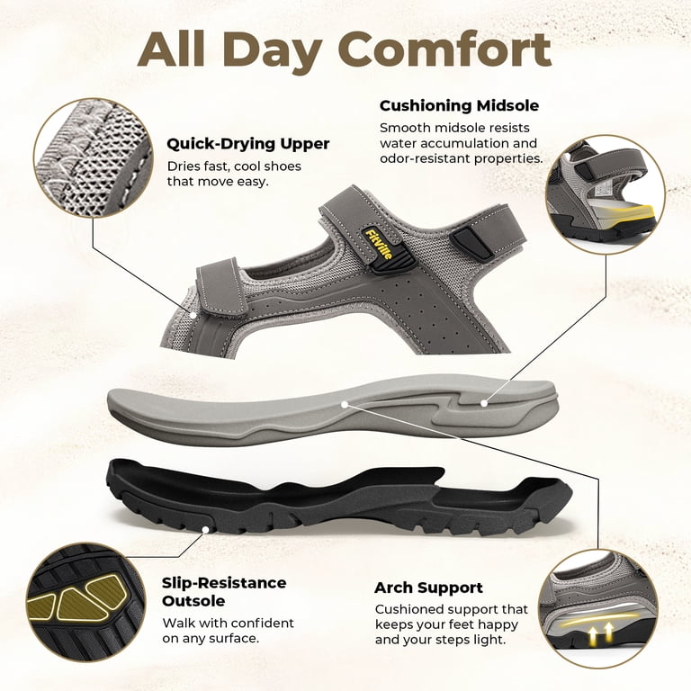 FitVille Grey Suede Arch Support Sandals Men\'s Size 10-10.5 Adjustable Straps FitVille Men main image 2