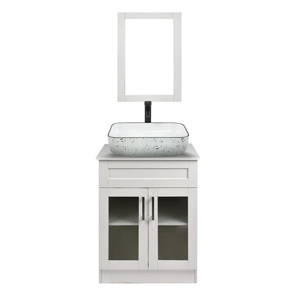 ELECWISH 24 inch Bathroom Vanity Combo Modern MDF Cabinet with Vanity Mirror and Round Ceramic Counter Top Vessel Sink with 1.5 GPM Faucet and Pop Up Drain
