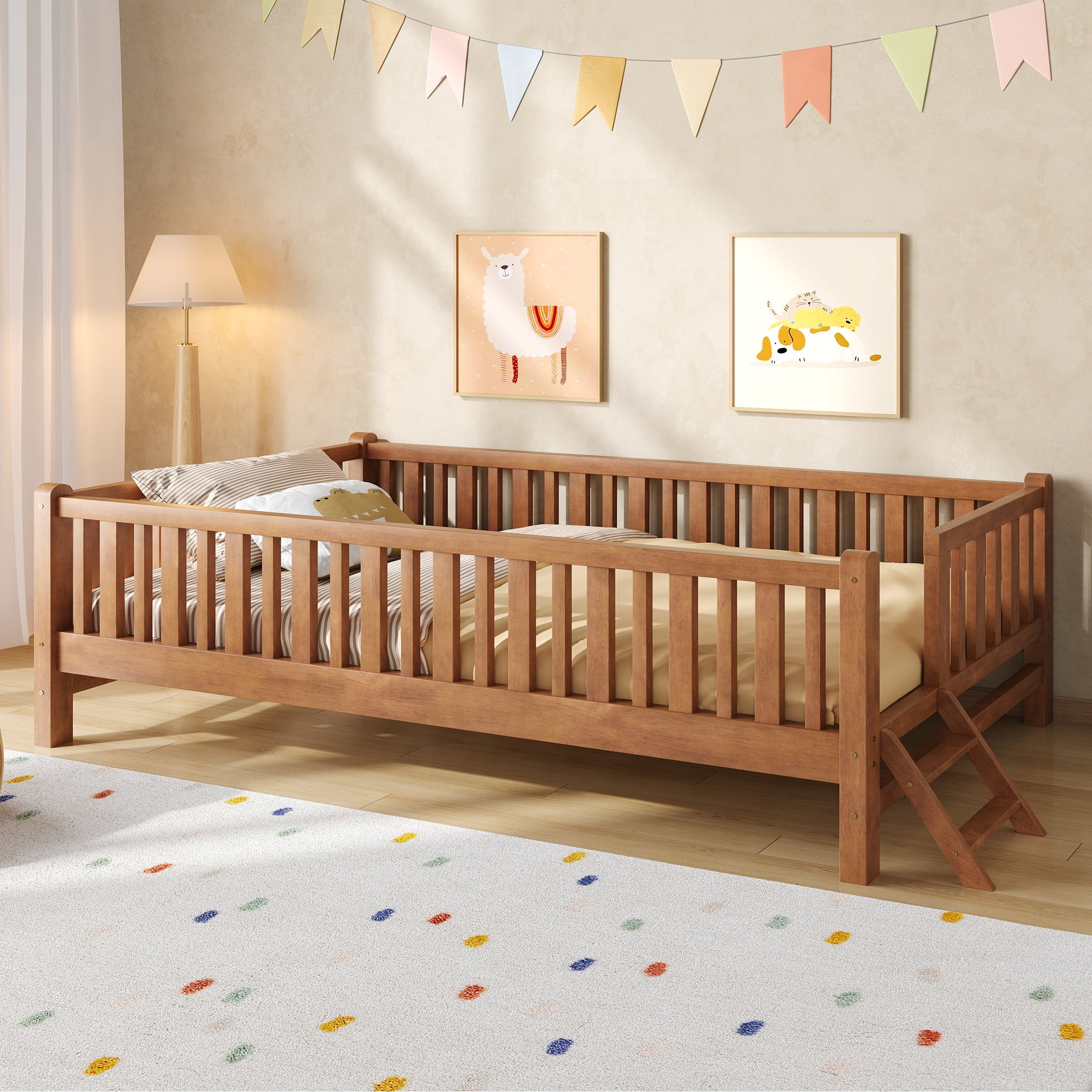 MODERNLUXE Twin Size Platform Bed with Guardrails, Walnut