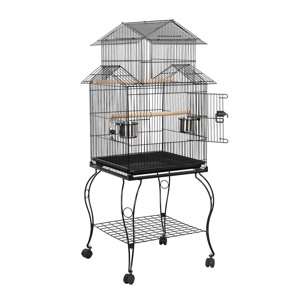 55'' Triple Roof Top Bird Cage, Large Medium Parrot Bird Cage for Cockatiel, Conure, Green Cheek, Parakeet Caique with Removable Stand, Black