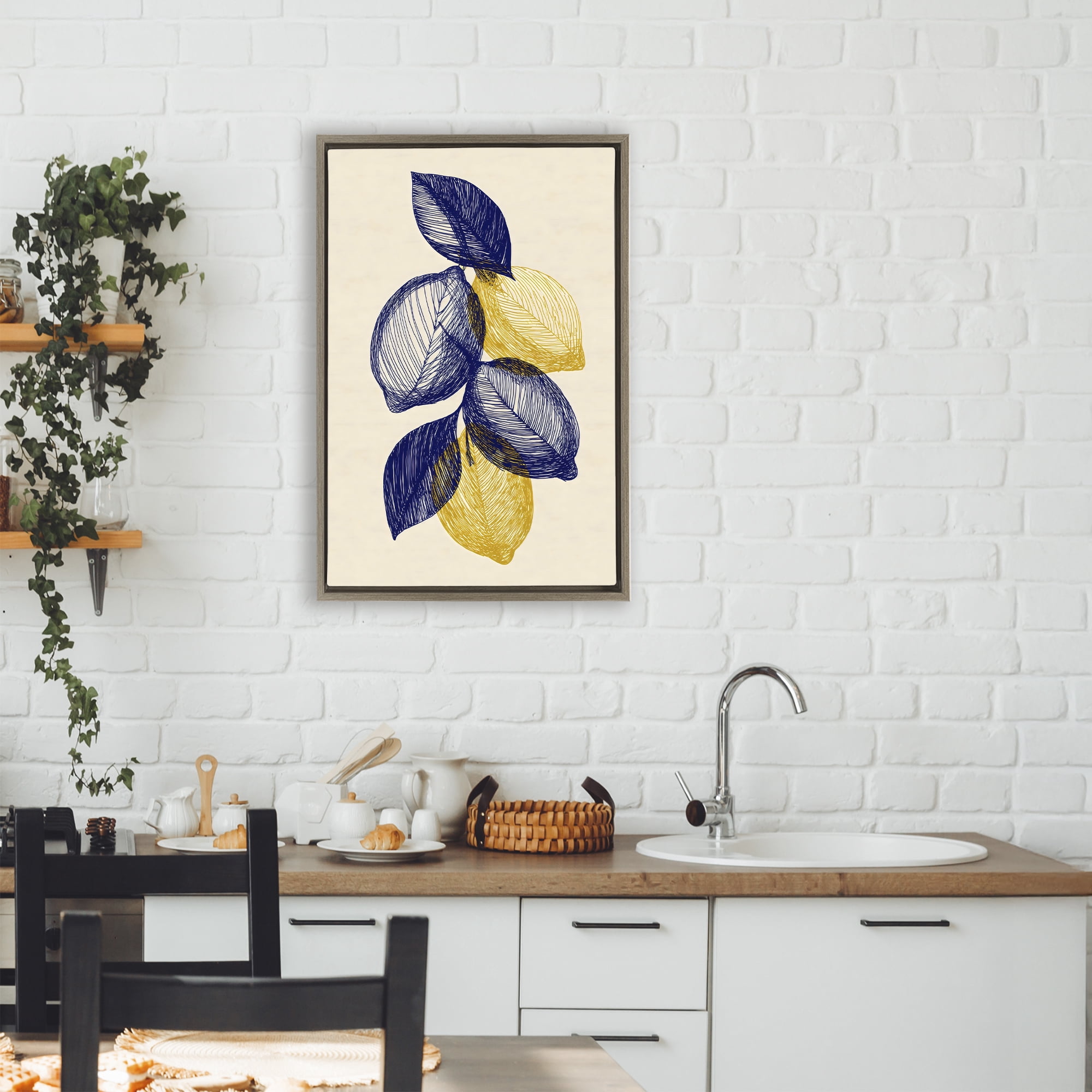 Stupell Industries Navy Lemons Botanical Sketch Brown Framed Floater Canvas Wall Art, design by Petal Prints Design