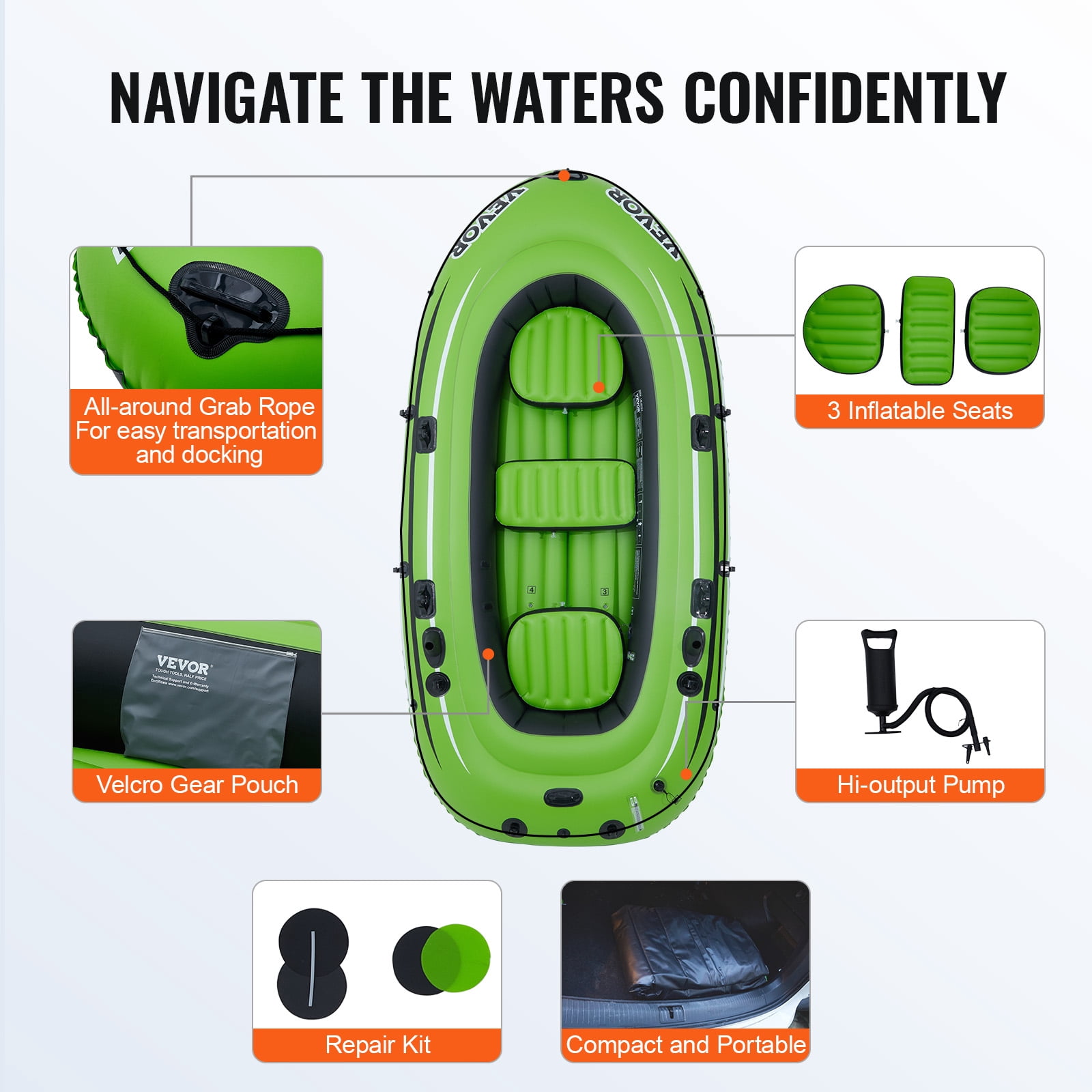 KFFKFF 5-Person PVC Inflatable Boat with Aluminum Oars and High-Output Pump
