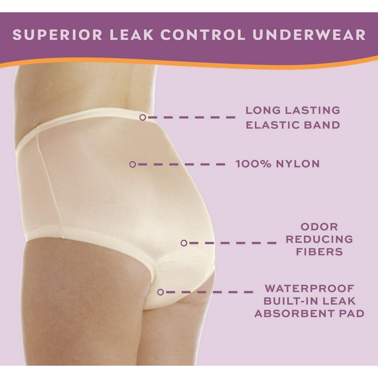 6-Pack Women's Nylon Regular Absorbency Incontinence Panties Beige 3X (Fits  Hip 49-51) 