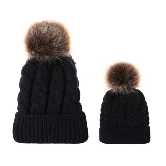 Loliuicca Twisted Knit Parent-Child Hat Set Mama Me Matching Warm Ball Beanie