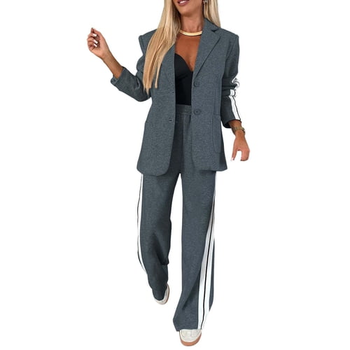Skymirror 2 Pcs/Set Lady Formal Coat Pants Set Turn-down Collar Single-breasted Long Sleeves Jacket Loose Striped Wide Leg Trousers Casual Daily Wear Commuting Outfit