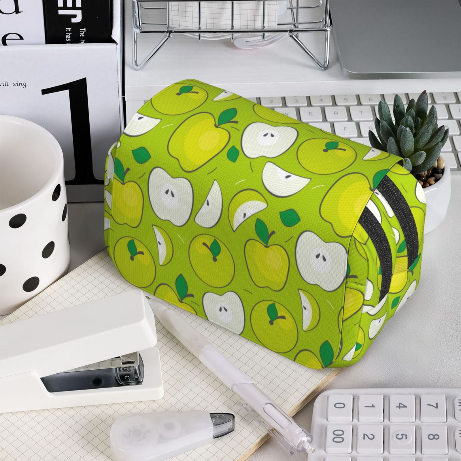 Kdxio Green Apple for Double Compartment Pen Case Oxford Organizer with Zipper Pockets for Students Artists