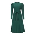 thumbnail image 3 of Women'S Long Sleeve Crewneck Tie Waist A-Line Swing Casual Bodycon Ribbed Knit Fall Sweater Dress Dark Green XXL, 3 of 9
