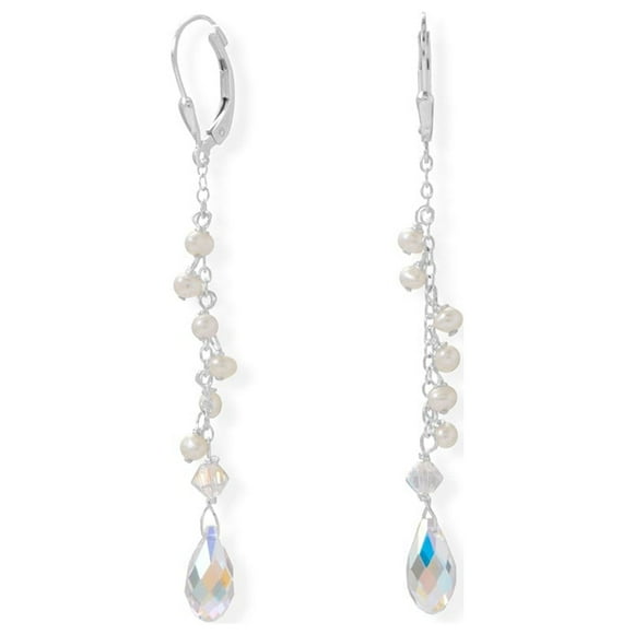 Precious Stars Sterling Silver Swarovski Crystal and Cultured Freshwater Pearl Earrings