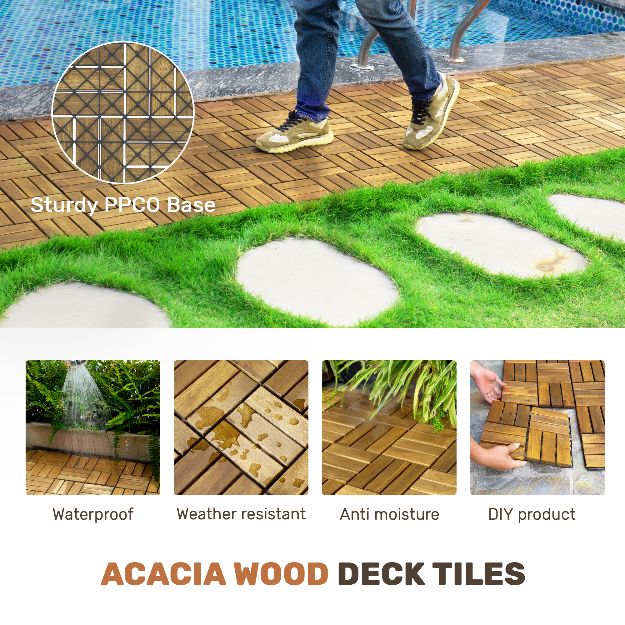 10 PCS Yellow Acacia Hardwood Interlocking Deck Tiles Checker Pattern 12"x12" Outdoor Flooring for Patio Balcony Pool Side Garden Porch