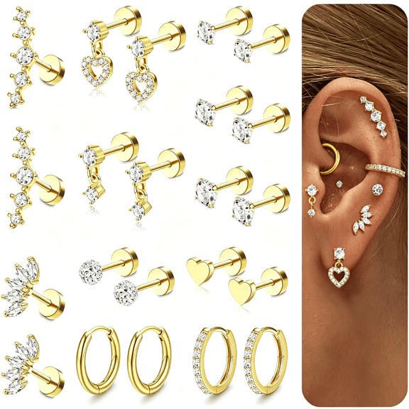 DESIGNICE Hypoallergenic Flat Back Earrings 20G Surgical Steel Cartilage Stud Hoop Set for Tragus Conch Helix Daith