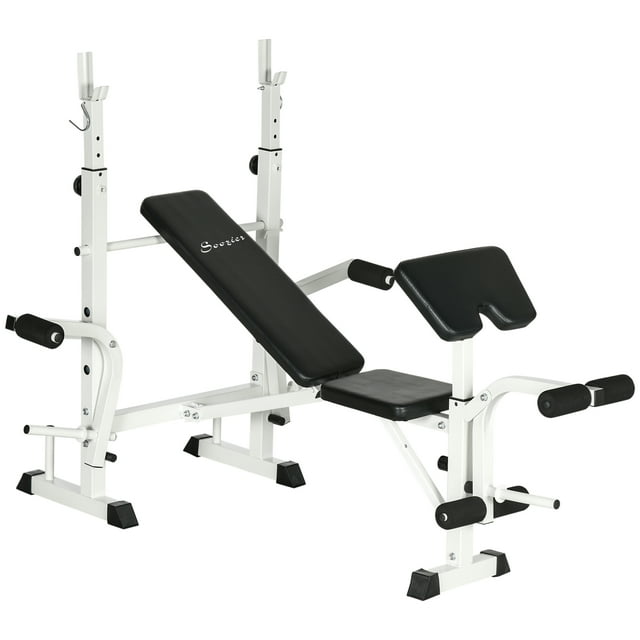 CoSoTower Ensemble de Banc-Presse Banc à Poids Réglable avec Support pour s'Accroupir, Coussinet de Courbure Preacher, Révélateur de Jambes et Rangement du Poids, Blanc