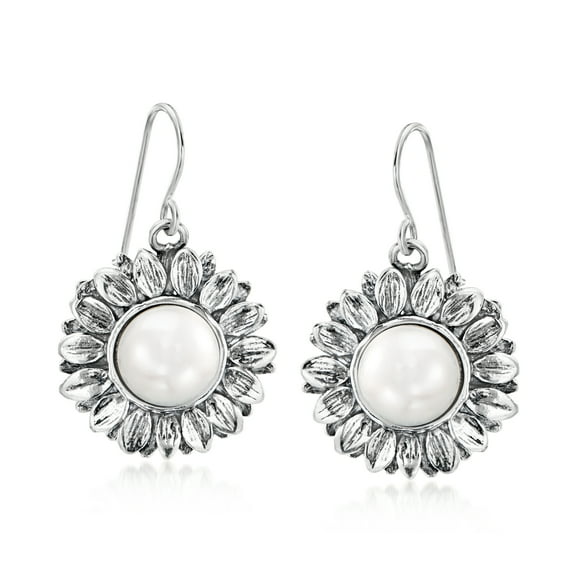 Ross-Simons 9.5-10mm Cultured Pearl Sunflower Drop Earrings in Sterling Silver, Women's, Adult