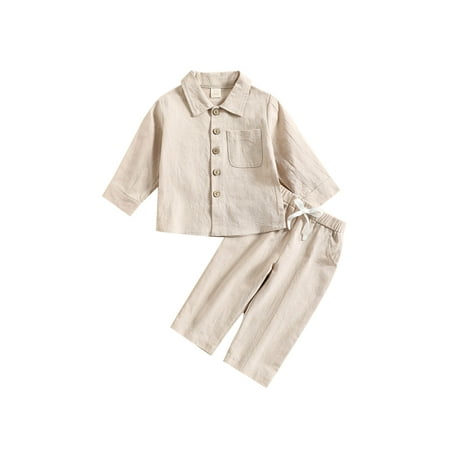 

Calsunbaby Kids Toddler Boys Fall Clothes Long Sleeve Button Up Shirt + Elastic Casual Pants with Drawstring Outfits Beige 18-24 Months