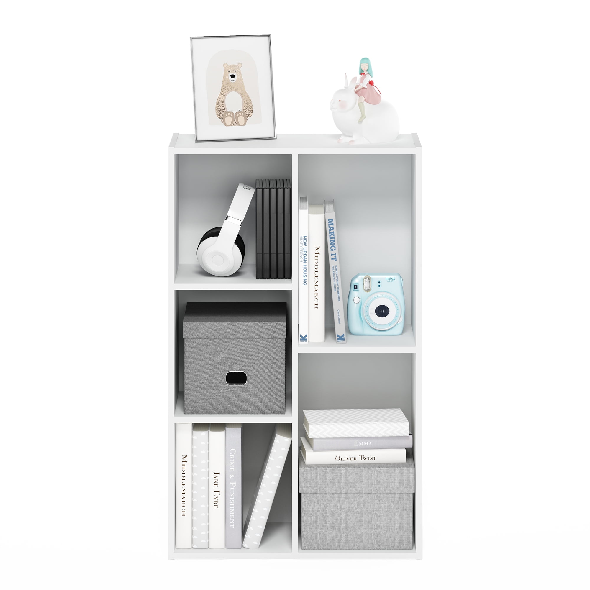 Furinno LUDER Book Shelf, 5-Cube Bookshelf, Reversible Bookcase, 9.4 x 19.5 x 31.5, for Living Room, Bedroom, Home Office, Plain White