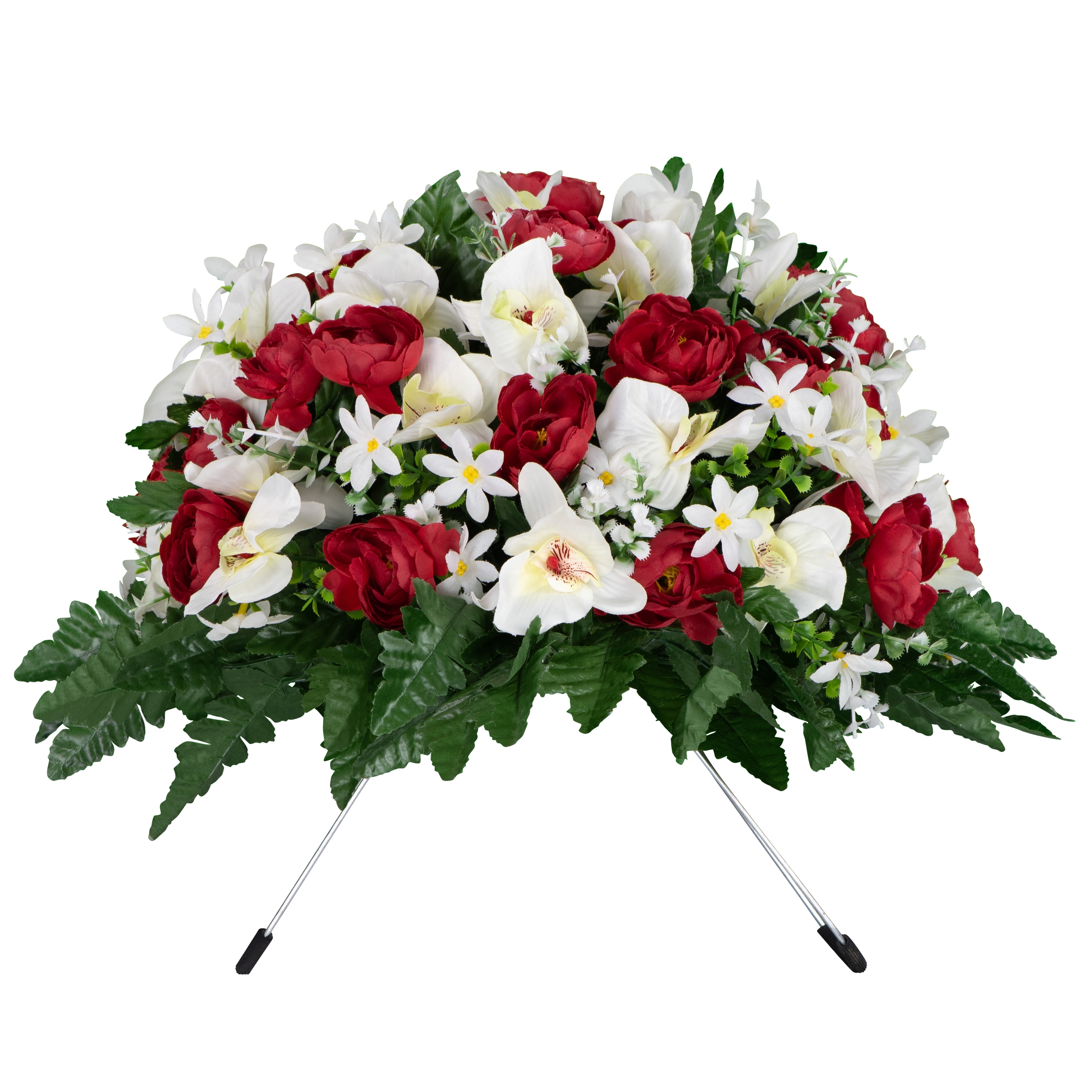 Sympathy Silks Artificial Cemetery Flowers - Red Cabbage Rose and White Orchid - Saddle for Headstone