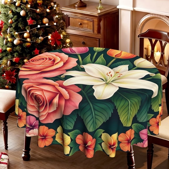 1pc Tropical Rose Lily Print Round Table Cover, Midsummer Tablecloth, Wrinkle Resistant Cover for Beach Party Casual Celebrations, 35/49/60/71 Inch