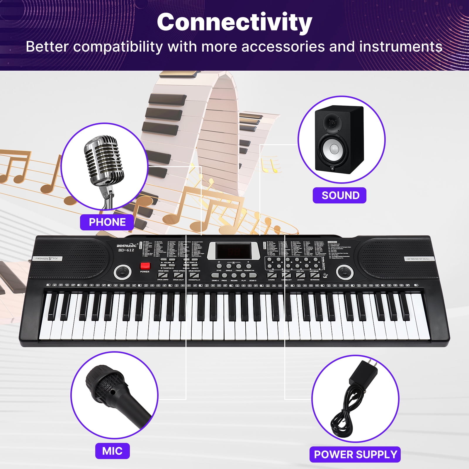 iMeshbean 61 Keys Keyboard Piano Electronic Digital Piano w/Built-In Speaker Microphone（black）