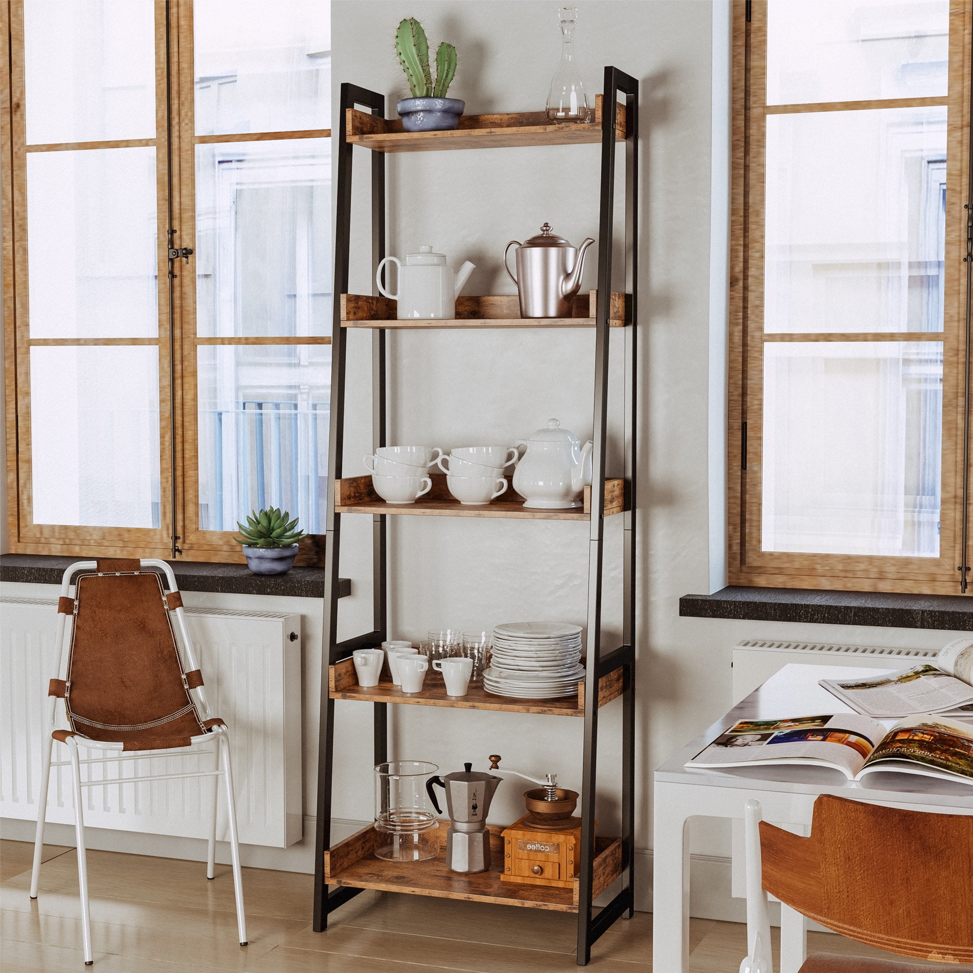 59'' H x 28'' W 5-Tier Iron Ladder Bookcase Industrial Metal Freestanding Shelves Rack Organizer (Set of 2) Latitude Run Color: Brown/Black