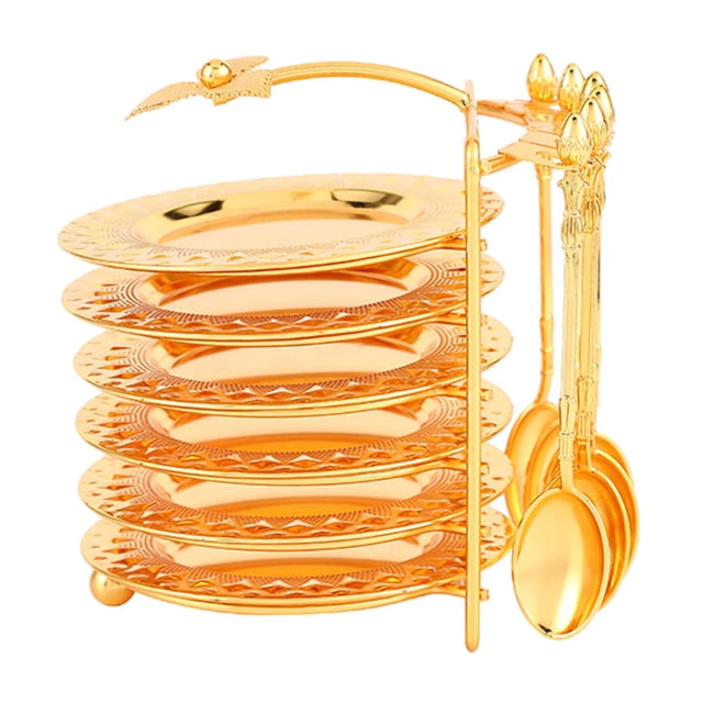 yuksok Zinc Alloy Dinnerware Set Plate Spoon Golden with Storage Rack Organizer Dish